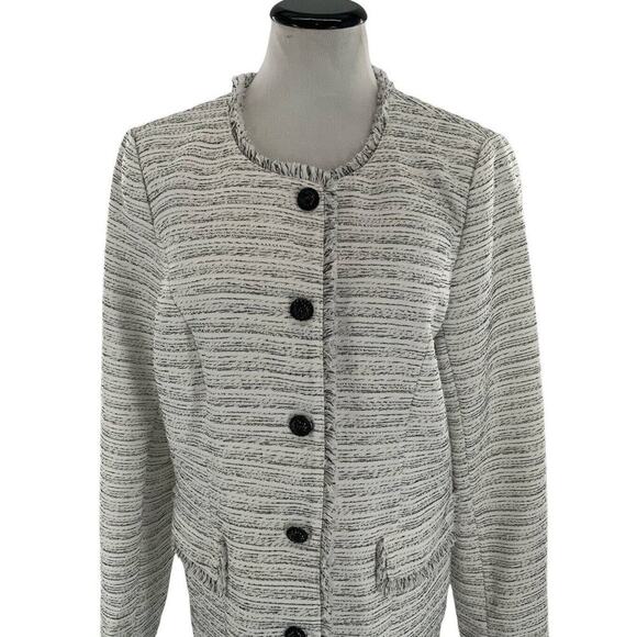 Karl Lagerfeld Paris Blazer Women's Size 16 Black/White Tweed Fringe Long Jacket - Picture 2 of 12